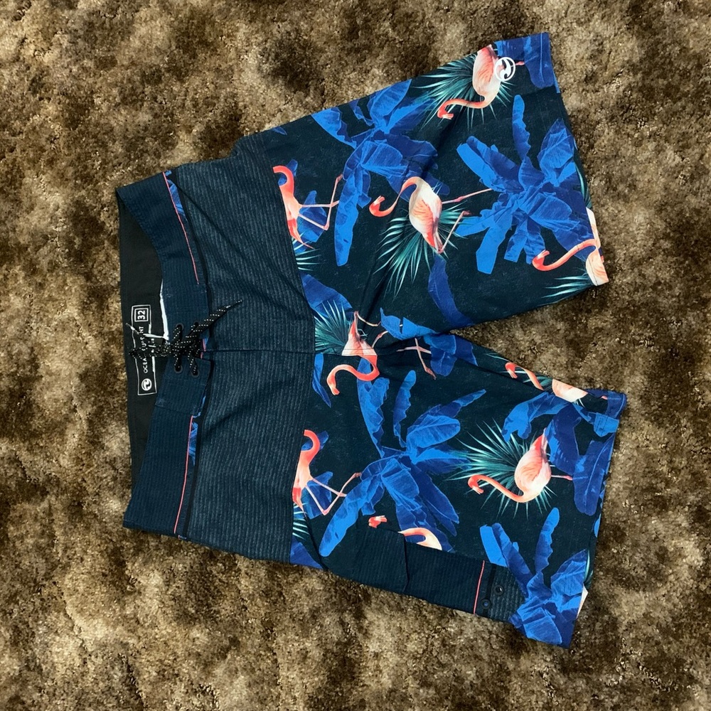 Ocean Current Blue with Flamingos 32 Swim Trunks